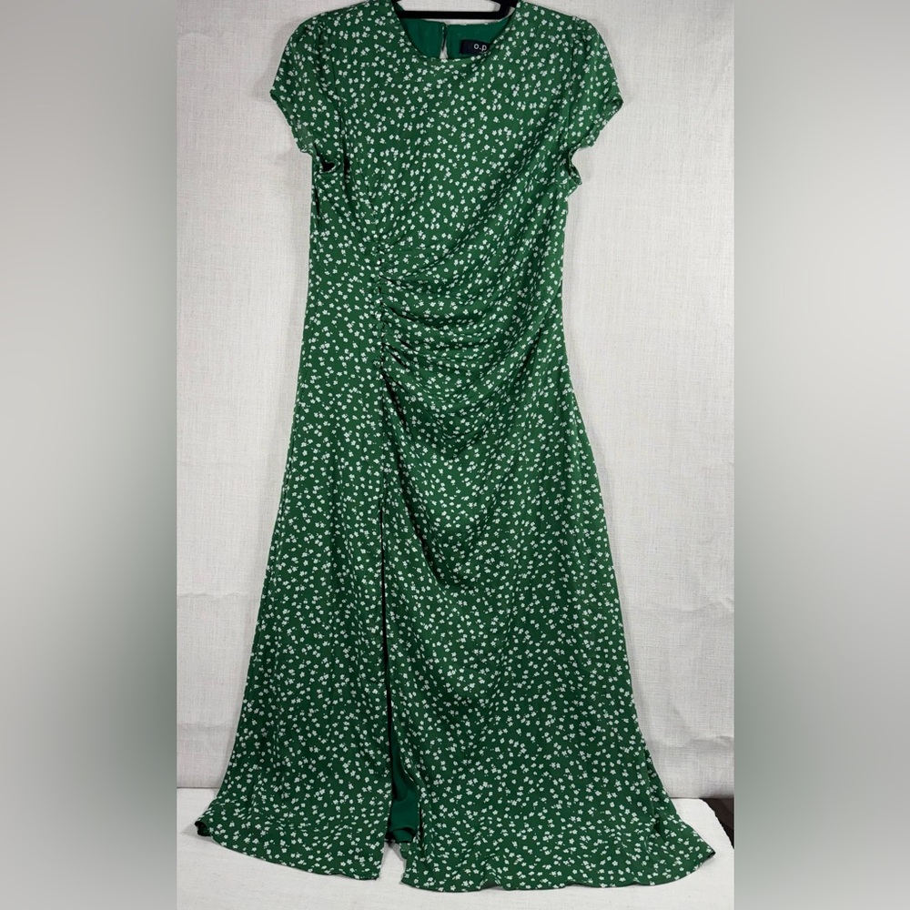 Green Floral Midi Dress with Gathered Front